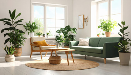 Modern living room with green sofa, wooden chair, round rug, and abundant indoor plants creating bright and cozy atmosphere with natural light from large windows