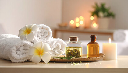 Soft white towel roll with frangipani flower and essential oil bottle on wooden tray with candle light and blurred background for spa and wellness relaxation