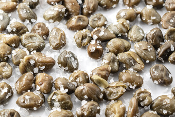 Background of salted capers sprinkled with coarse sea salt, traditional preserved Mediterranean ingredient,aromatic seasoning used in Italian cooking for gourmet recipes and authentic regional cuisine