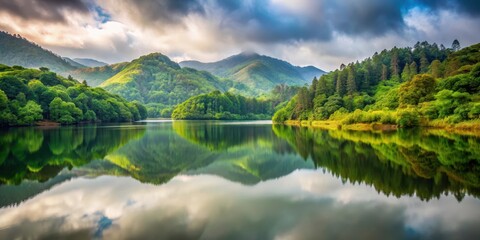 Fototapeta premium A tranquil volcanic lake reflects the surrounding landscape of lush hills and dense forest, creating a serene atmosphere with soft light and muted earthy tones , soft focus, peaceful volcanic lake