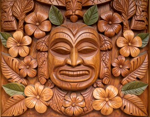 Intricate wooden carving of a Polynesian mask surrounded by floral and leaf patterns