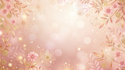 Soft pink gradient background with glitter gold accents and delicate floral patterns, elegant, flowers