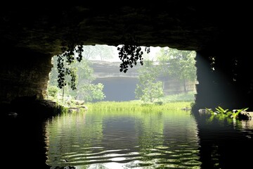 Cave opening to a tranquil, watery landscape