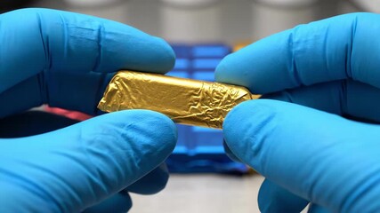 Scientific quality control in food production. A researcher in blue gloves carefully inspects a small confectionery wrapped in gold foil - Powered by Adobe