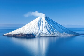 Snow-capped volcano island, tranquil waters, clear sky