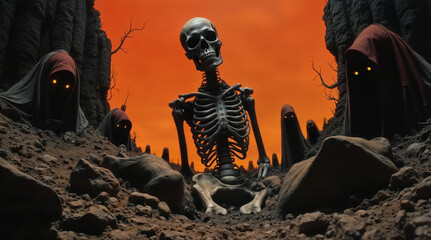 a surreal, dark landscape with a central skeleton sitting on the ground. Surrounding the skeleton are hooded figures with glowing eyes, and the scene is set against an orange sky. Th