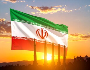 Iranian flag waving over missiles at sunset