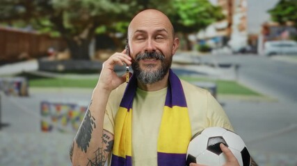 Caucasian bald man with beard holding soccer ball talks on smartphone in urban street setting, wearing yellow shirt and scarf, showcasing modern lifestyle. - Powered by Adobe