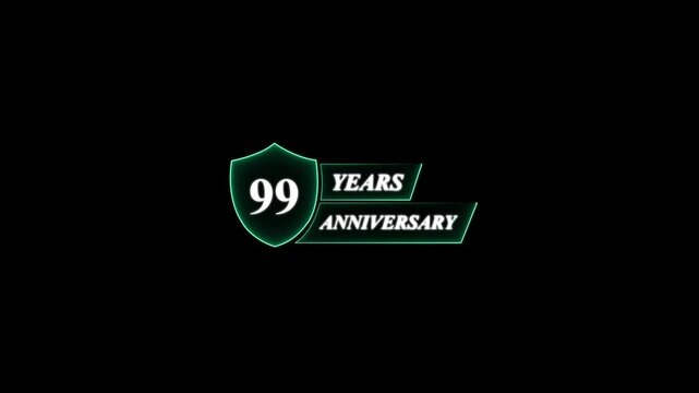 99 Years Anniversary Shield Emblem Neon Glow ninety nine . Glowing neon  Anniversary animation and black background.