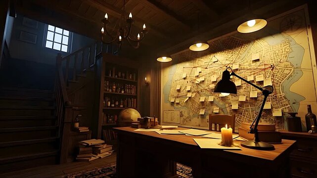 A mysterious, dimly lit study or detective's office with a large investigation map on the wall.