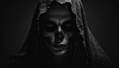 Haunting monochrome portrait of a mysterious hooded figure adorned with intricate calavera face paint, evoking a profound sense of ancient tradition and somber beauty in darkness