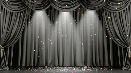 Gritty luxurious Black velvet presentation stage curtain with falling confetti under spotlight symbolizing celebration, victory, and transformation