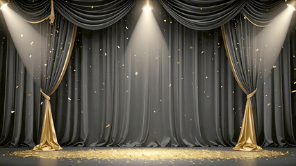 Gritty luxurious Black velvet presentation stage curtain with falling confetti under spotlight symbolizing celebration, victory, and transformation