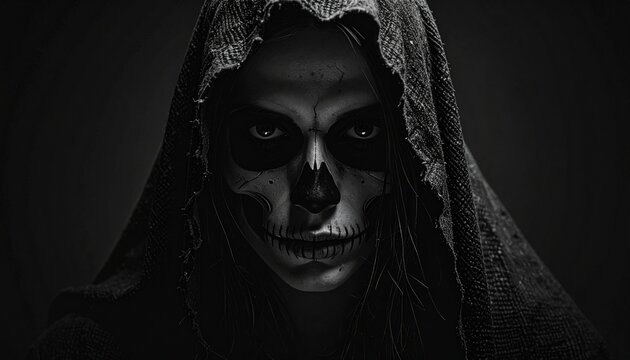 Haunting monochrome portrait of a mysterious hooded figure adorned with intricate calavera face paint, evoking a profound sense of ancient tradition and somber beauty in darkness