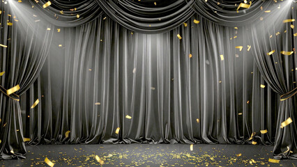Gritty luxurious Black velvet presentation stage curtain with falling confetti under spotlight symbolizing celebration, victory, and transformation