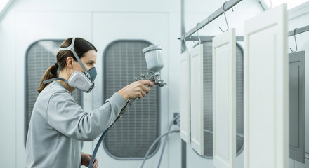 Woman spray paints cabinet doors in workshop