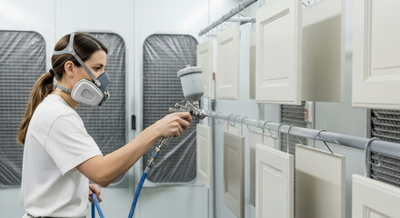 Woman spray painting cabinet doors with a gun spray