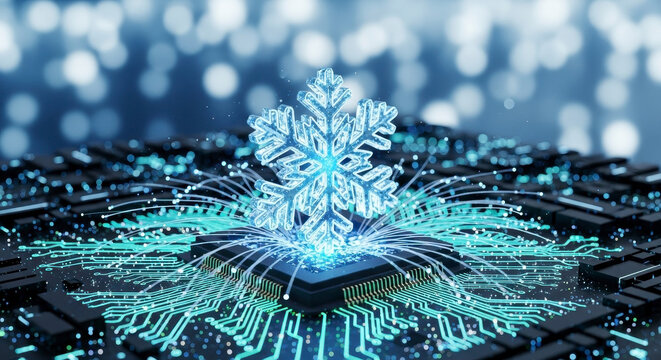 Artificial Intelligence and Machine Learning on Digital Circuit Board with Snowflake Symbol Illustrating Cold Data Processing