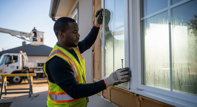 Black man worker installing window on building exterior