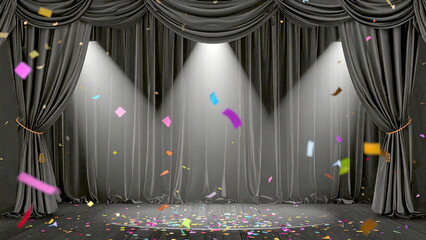 Gritty luxurious Black velvet presentation stage curtain with falling confetti under spotlight symbolizing celebration, victory, and transformation