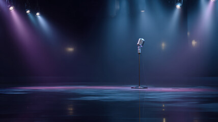 Microphone with stand on empty stage lit by spotlights.