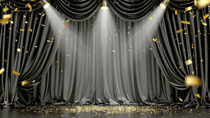 Gritty luxurious Black velvet presentation stage curtain with falling confetti under spotlight symbolizing celebration, victory, and transformation