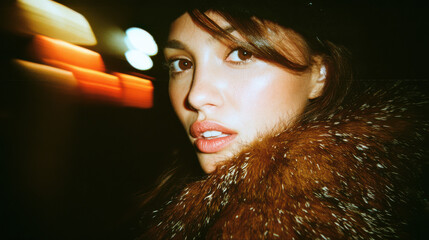 Fashion portrait of young woman with retro disposable camera flash aesthetic in vintage nostalgic style