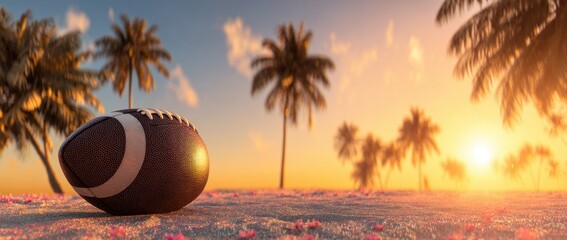 football on the beach with a sunset and palm trees