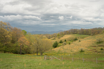 Rolling hills display fresh greenery and patches of colorful trees under a cloudy sky. A rustic gate adds charm to the serene landscape, typical of early spring days.