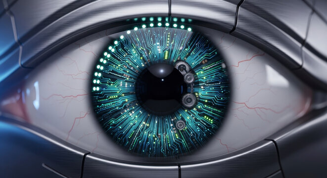 Close Up View of Futuristic Cybernetic Eye with Digital Matrix Iris