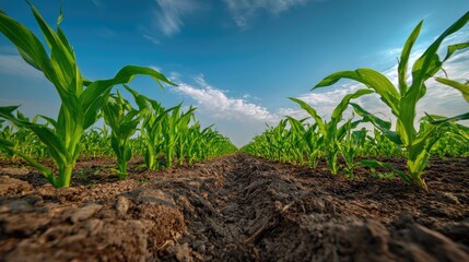 Panoramic View of Corn Field Plantation Growing in Countryside