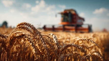 Selective Focus on Wheat at Farmland with Countryside View