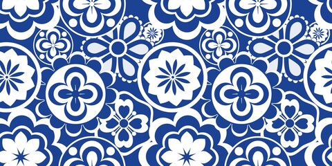 Blue white seamless background with flowers.
Abstract, repeating regular pattern for print.
Graphic design with regular shapes.