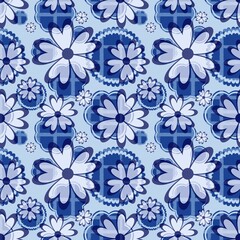 Blue white seamless background with flowers.
Abstract, repeating regular pattern for print.
Graphic design with regular shapes.