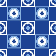 Blue white seamless background with flowers.
Abstract, repeating regular pattern for print.
Graphic design with regular shapes.