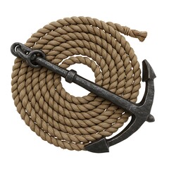 Black Anchor on Coiled Brown Rope  Nautical Still Life