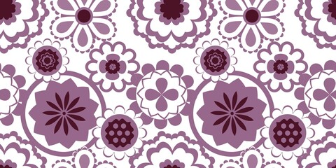 Purple seamless background with flowers.
Abstract, repeating regular pattern for print.
Graphic design with regular shapes.