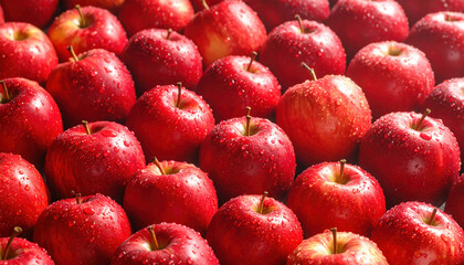 Fresh red apple with water droplets on skin, arranged closely together creating vibrant and juicy display full of natural shine and texture