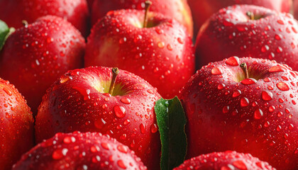Red apple with water droplets and green leaf, fresh fruit close up, juicy and vibrant healthy food