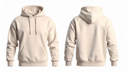 Beige hoodie sweatshirt front and back view, casual pullover with hood and drawstring, long sleeve comfortable clothing isolated on white background for fashion design