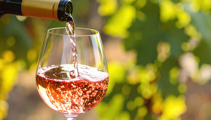 Red wine pouring into glass with bubbles, vineyard background, bright sunlight creating warm and inviting atmosphere, close up of beverage in clear glass