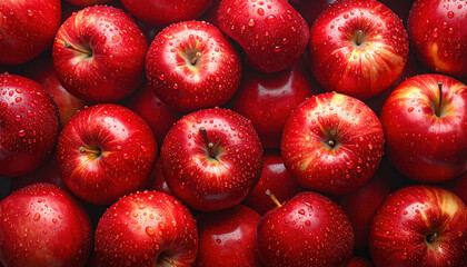 Fresh red apples covered with water droplets create vibrant and juicy texture, evoking refreshing and appetizing feeling perfect for healthy eating or natural food themes