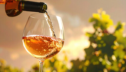 White wine pouring into glass with golden liquid sparkling in sunlight, creating warm and inviting atmosphere in vineyard setting during late afternoon