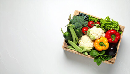 Fresh vegetable box with broccoli cauliflower bell pepper tomato lettuce eggplant and green peas on white surface vibrant colors and healthy food concept