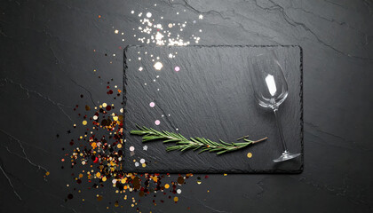 Slate serving board with sprig of rosemary and empty wine glass on dark textured surface with scattered colorful confetti creating festive and elegant atmosphere