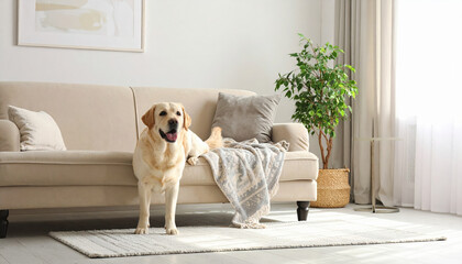 Golden retriever dog standing on carpet in living room with beige sofa, cushions, blanket, potted plant, and natural light creating warm and cozy atmosphere