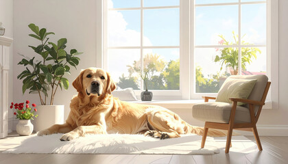 Golden retriever dog lying on white rug in bright living room with large window, wooden chair, and green plants, creating calm and cozy atmosphere