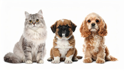 Fluffy gray cat with yellow eyes sitting next to two small puppies, one brown and white and other light brown, all looking forward on white background with calm expressions