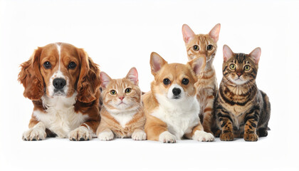Two dogs and three cats lying down together on white background, showing calm and attentive expressions in cozy pet group portrait