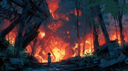 Obraz premium Fantasy Anime Manga Forest on Fire – Intense Illustration